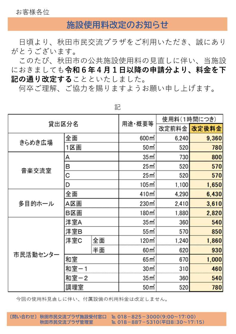 使用料改定のお知らせ